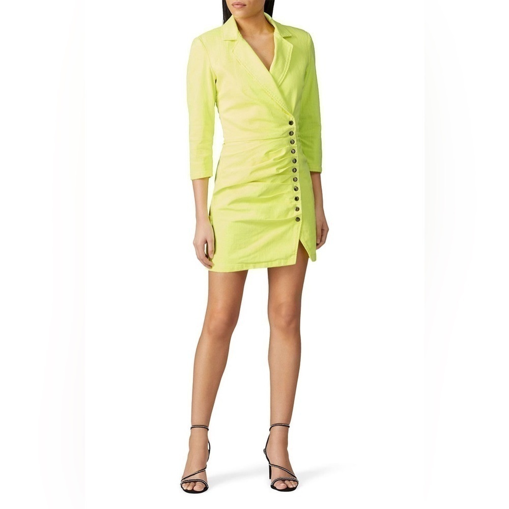 Retrofete Neon Green Yellow Snap Front 
Willa Denim Dress *faded and discolored*
